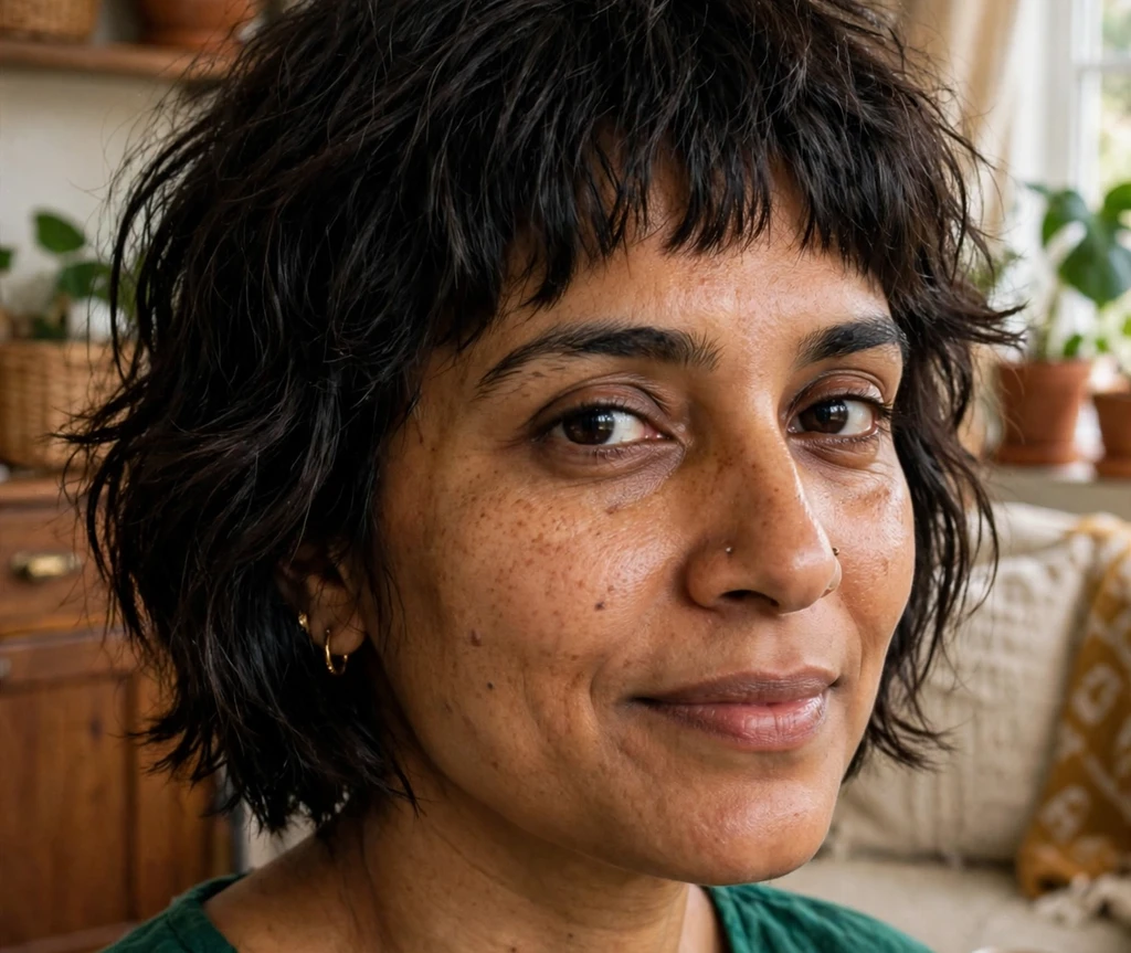 Textured shaggy bob with micro bangs on dark brown hair