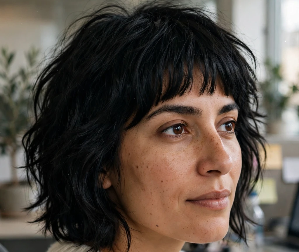 Tousled shaggy bob with blunt bangs on black hair