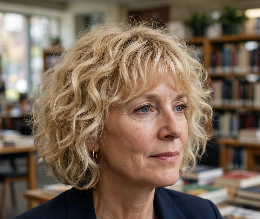 Curly shaggy bob with soft bangs on blonde curls
