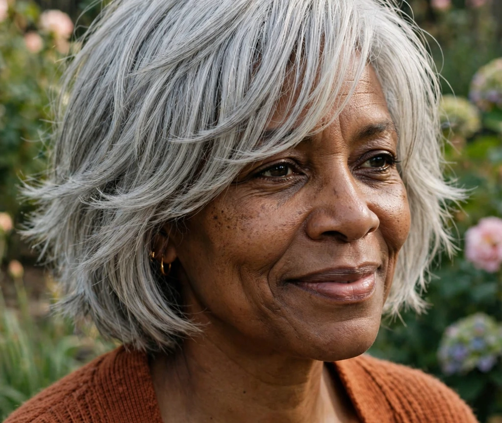 Feathered shaggy bob with side-swept bangs on silver hair
