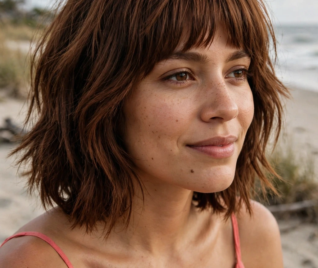 Sleek straight shaggy bob with full bangs on chestnut brown hair