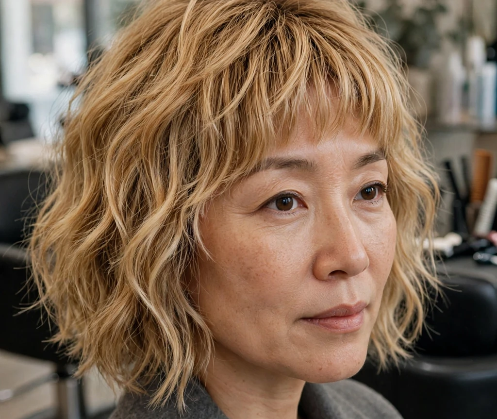 Wavy shaggy bob with bottleneck bangs on honey blonde hair