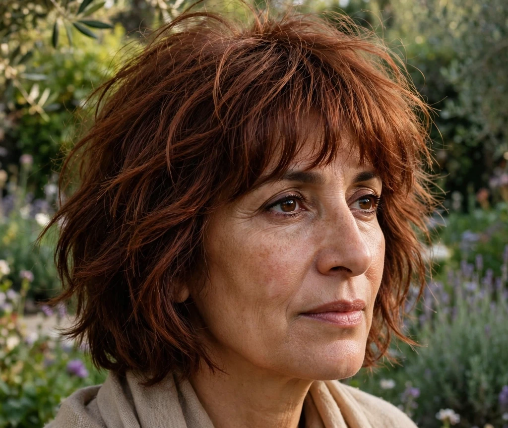 Shaggy bob with a messy curtain fringe on auburn hair