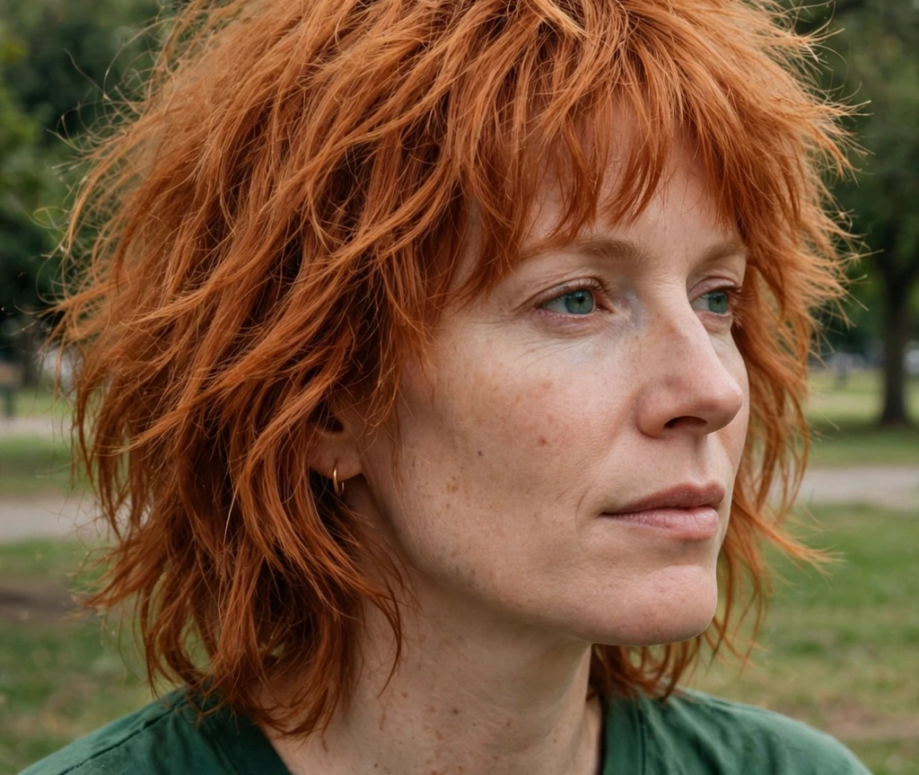 Voluminous shaggy bob with airy bangs on ginger red hair
