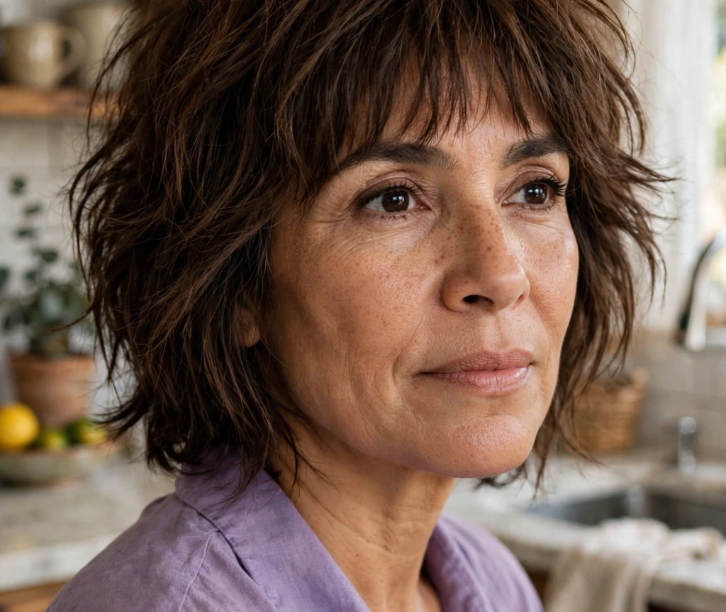 Jaw-length shaggy bob with choppy bangs on chocolate brown hair
