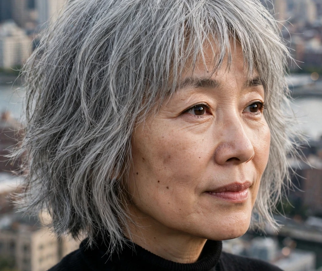 Chin-length shaggy bob with wispy fringe on silver-gray hair