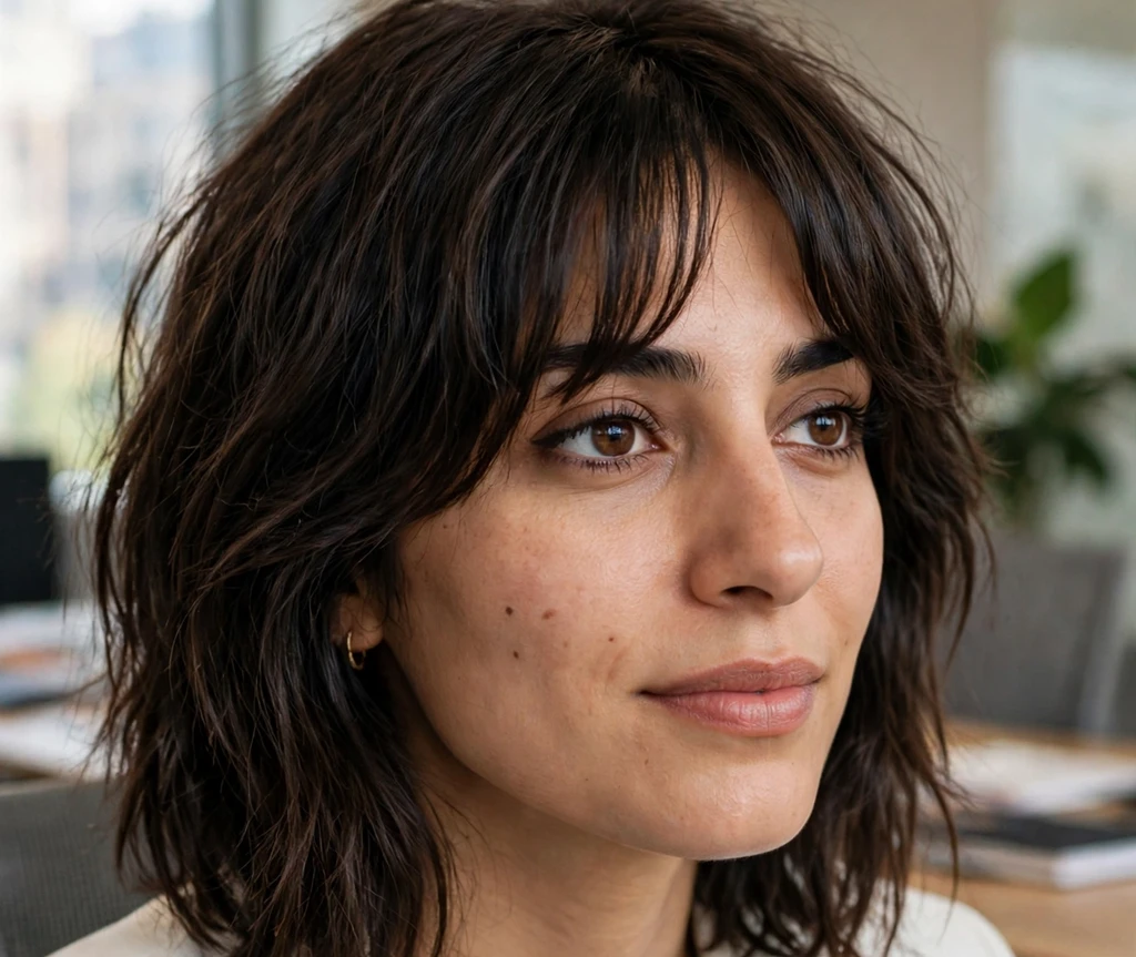 Shaggy bob with face-framing curtain bangs on dark chocolate hair