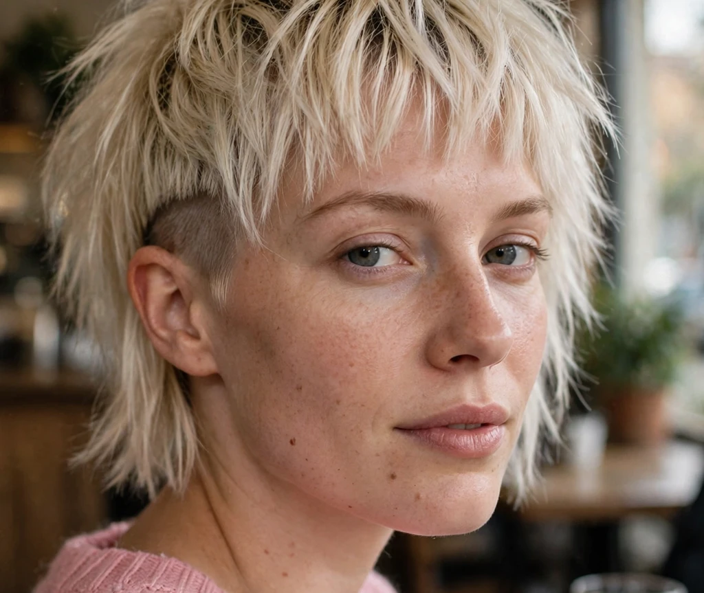 Edgy undercut shaggy bob with textured bangs on platinum blonde hair