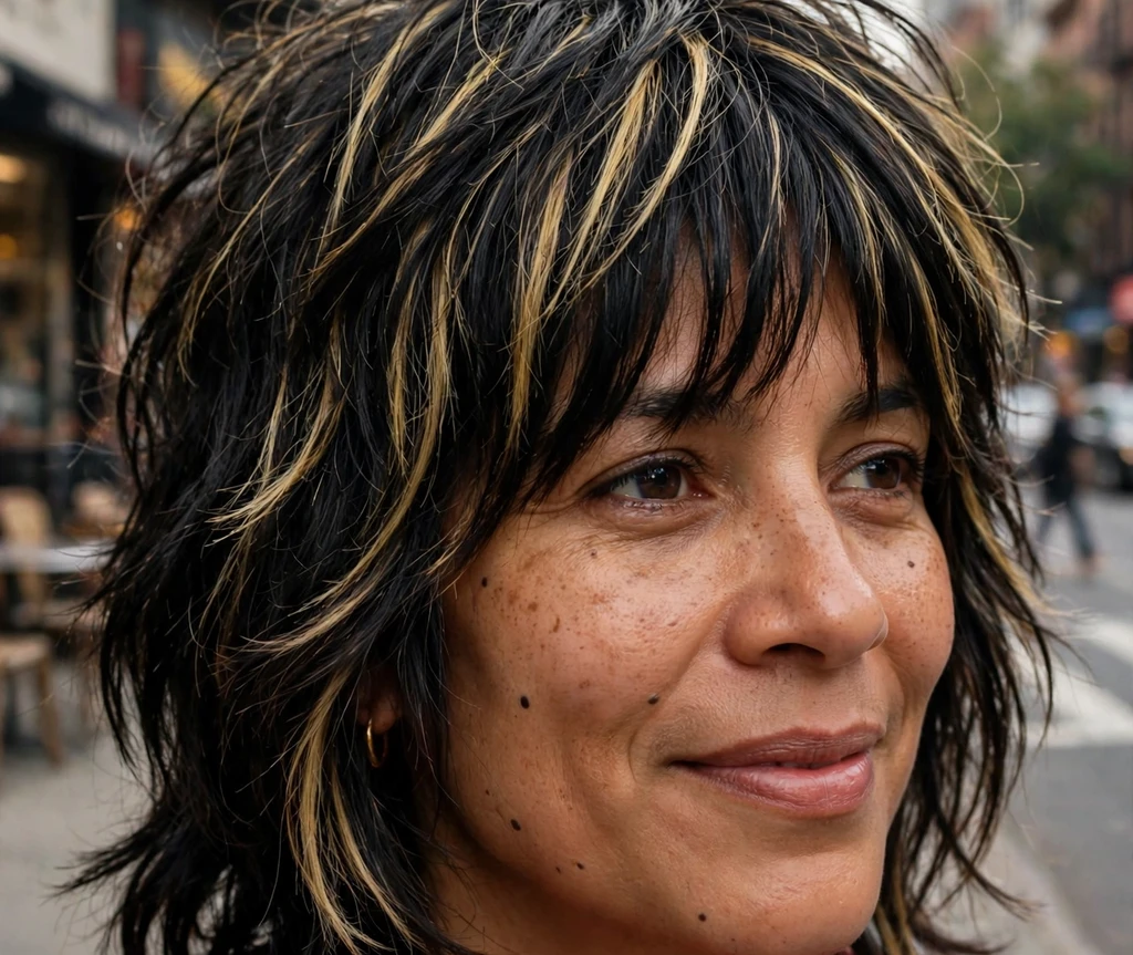 Vintage 70s shaggy bob with long bangs on black hair with blonde highlights