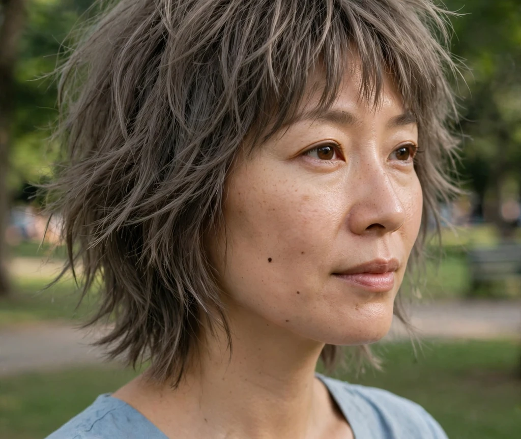 Wolf-cut shaggy bob with messy bangs on ash brown hair
