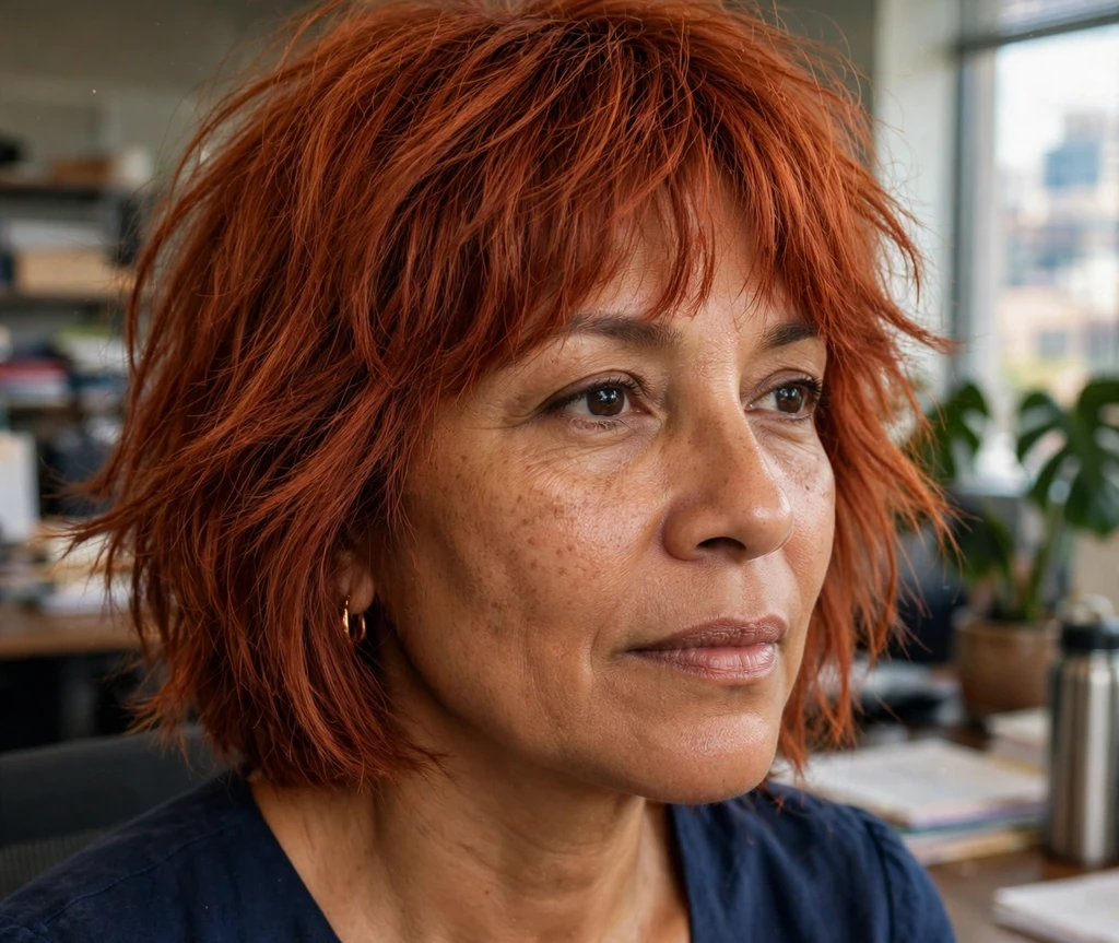 Copper shaggy bob with wispy bangs on copper red hair