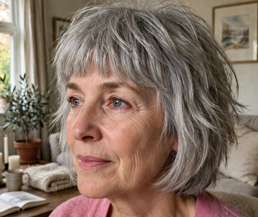 Silver-gray shaggy bob with blunt bangs on silver-gray hair