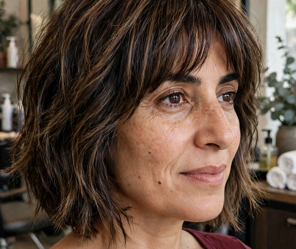 Brunette balayage shaggy bob with curtain bangs on brunette balayage hair