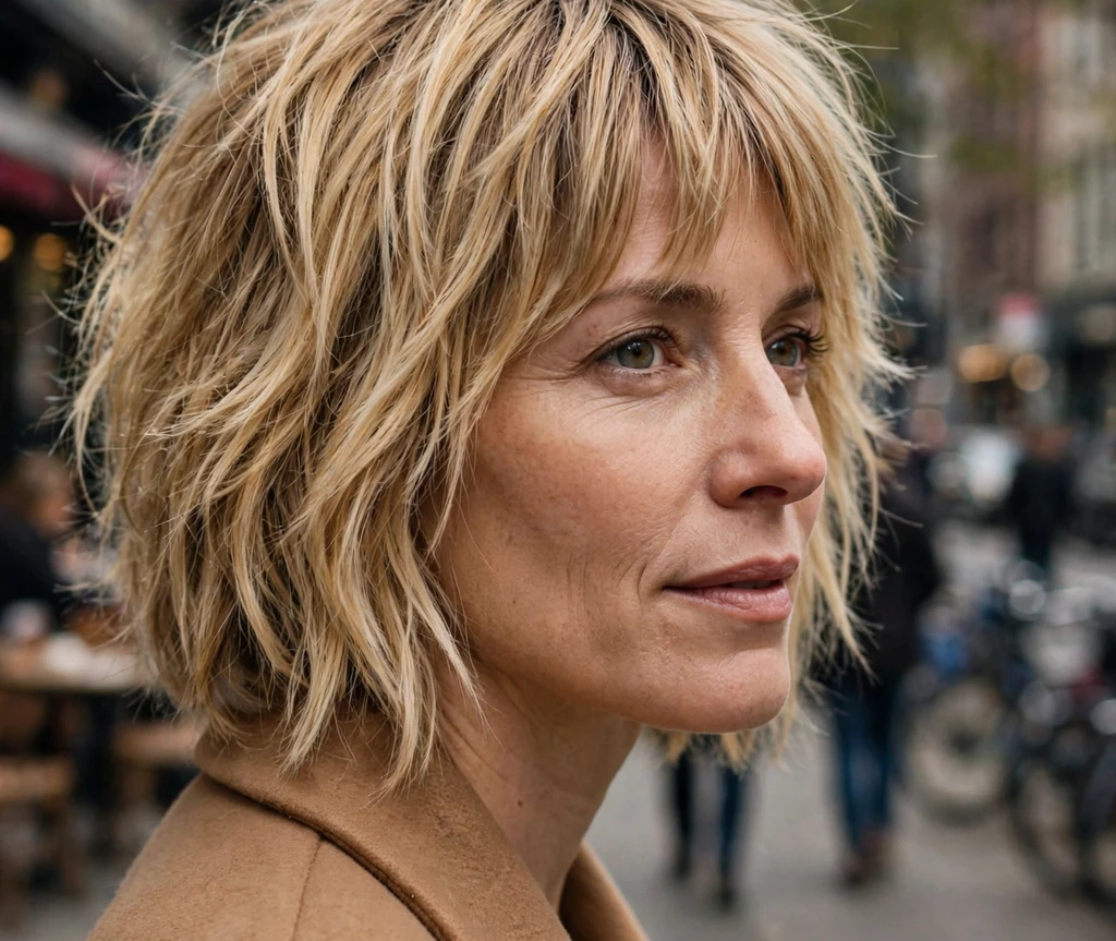 Honey blonde shaggy bob with rooted bangs on honey blonde hair