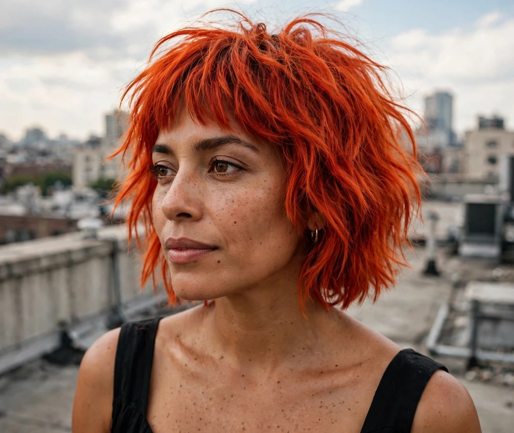 Fiery red shaggy bob with choppy bangs on fiery red hair
