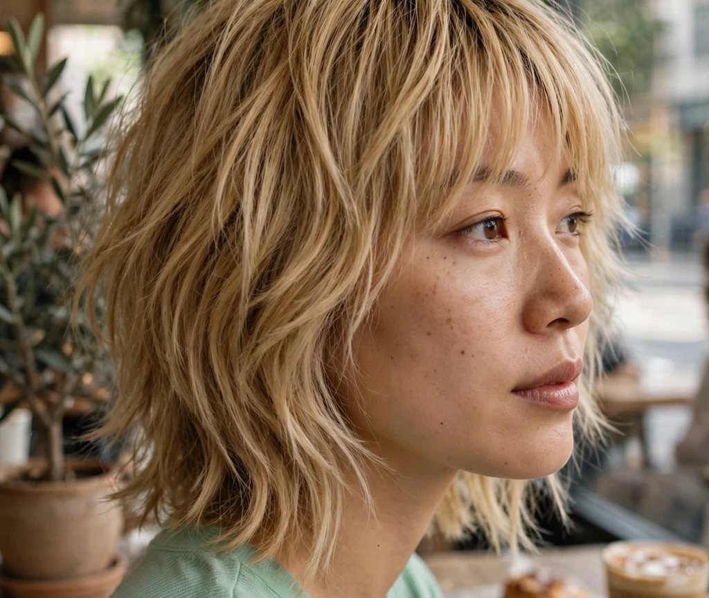 Honey blonde shaggy bob with face-framing bangs on honey blonde hair