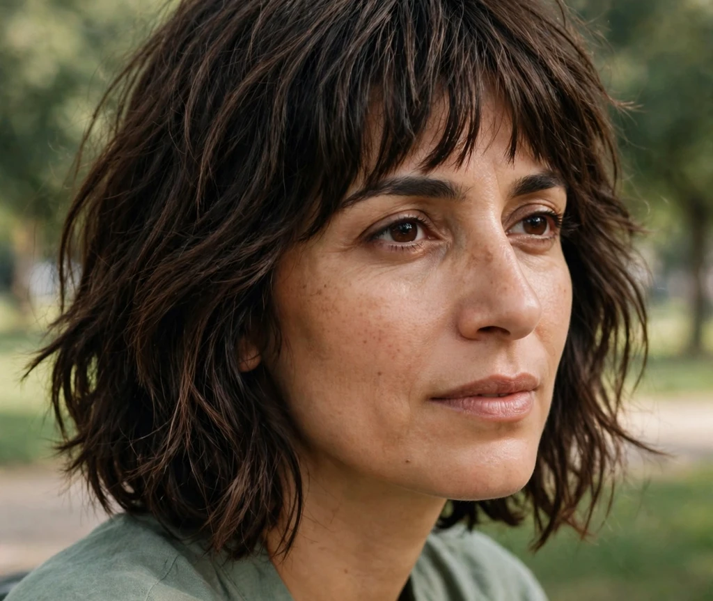Espresso shaggy bob with piecey bangs on espresso brown hair