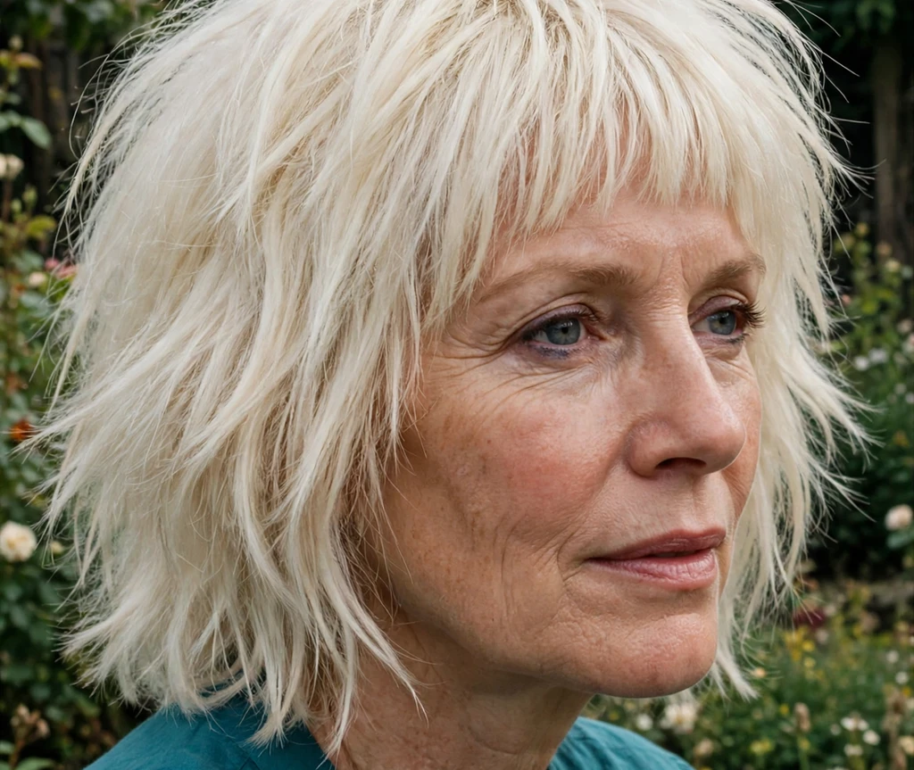 Platinum blonde shaggy bob with a micro fringe on platinum blonde hair