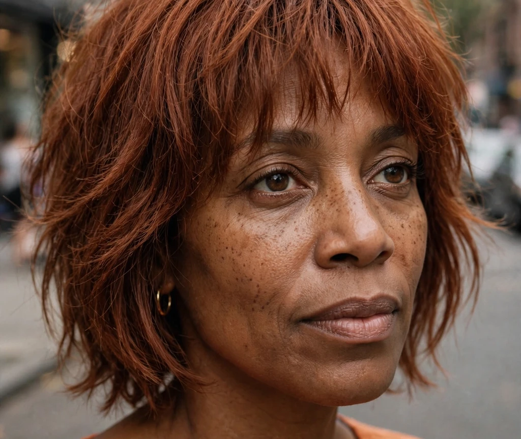 Auburn shaggy bob with wispy curtain bangs on auburn hair