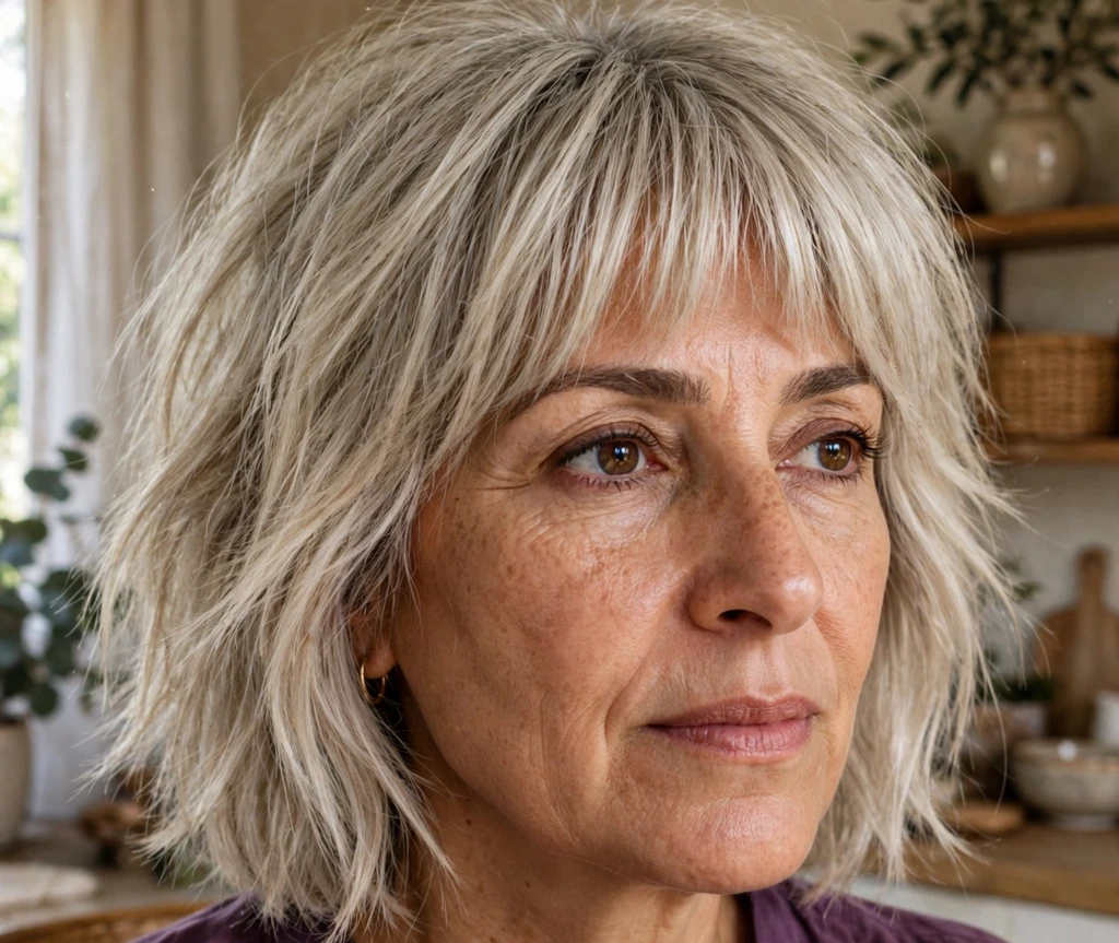Ash blonde shaggy bob with bottleneck bangs on ash blonde hair