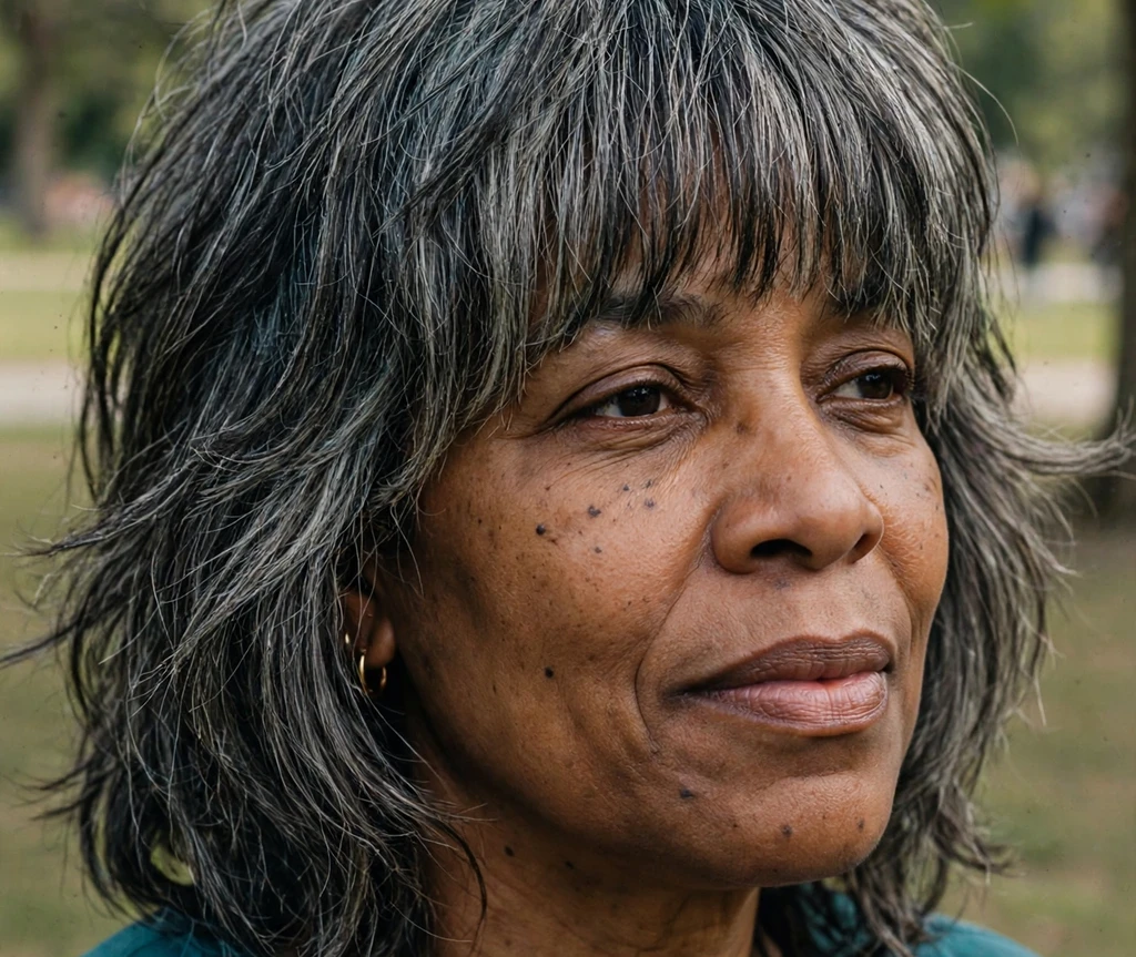 Salt-and-pepper shaggy bob with full bangs on salt-and-pepper hair