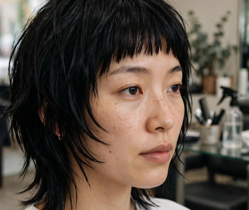 Sleek jet-black shaggy bob with blunt micro bangs on jet black hair