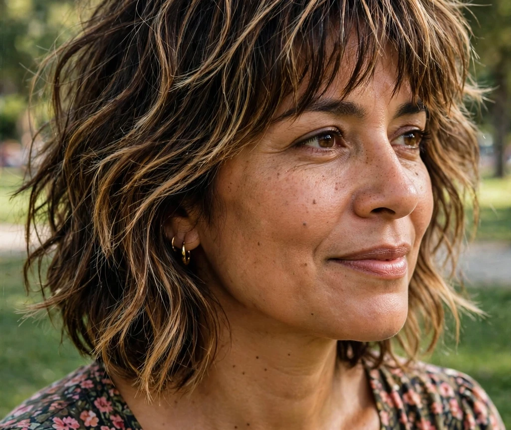 Sun-kissed balayage shaggy bob with tousled bangs on sun-kissed balayage hair