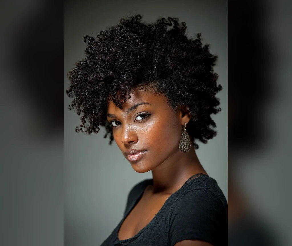 Short afro with defined curls on a Black woman