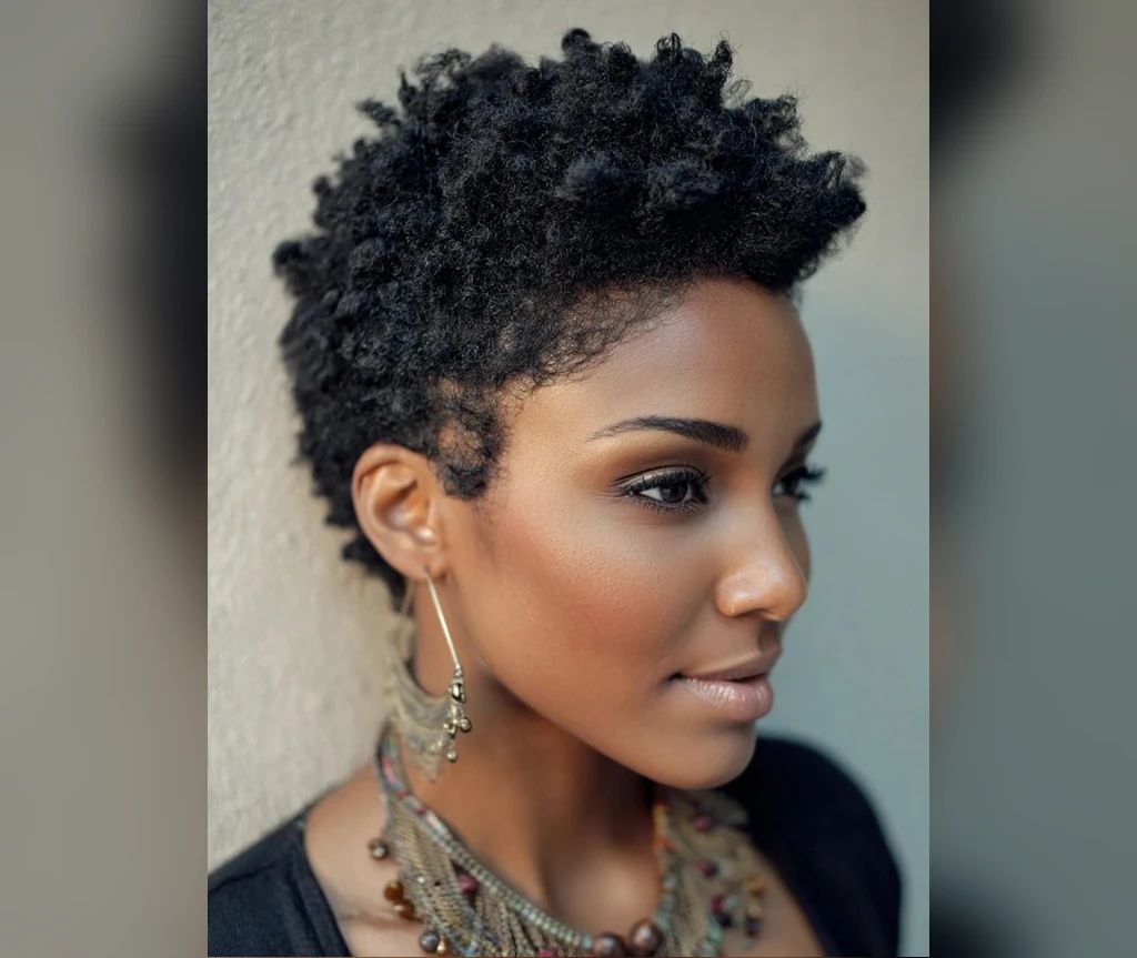 Finger coil afro on a Black woman with glossy coils