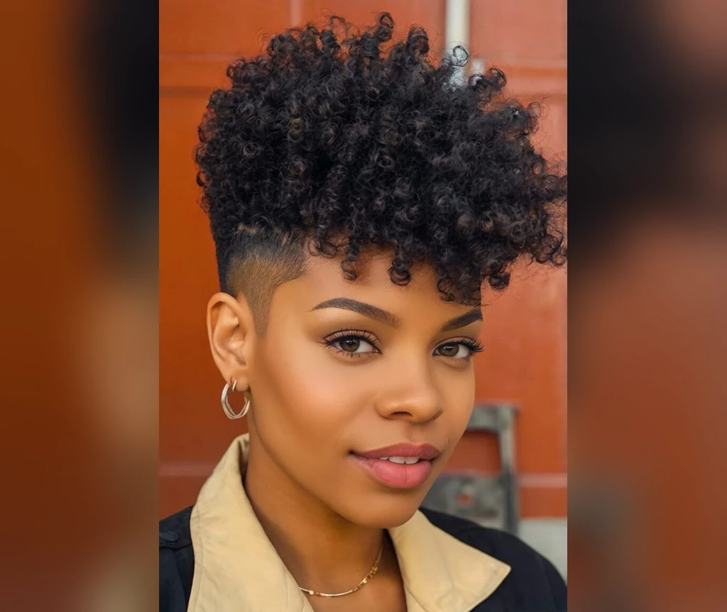 Curly afro with shaved sides on a Black woman