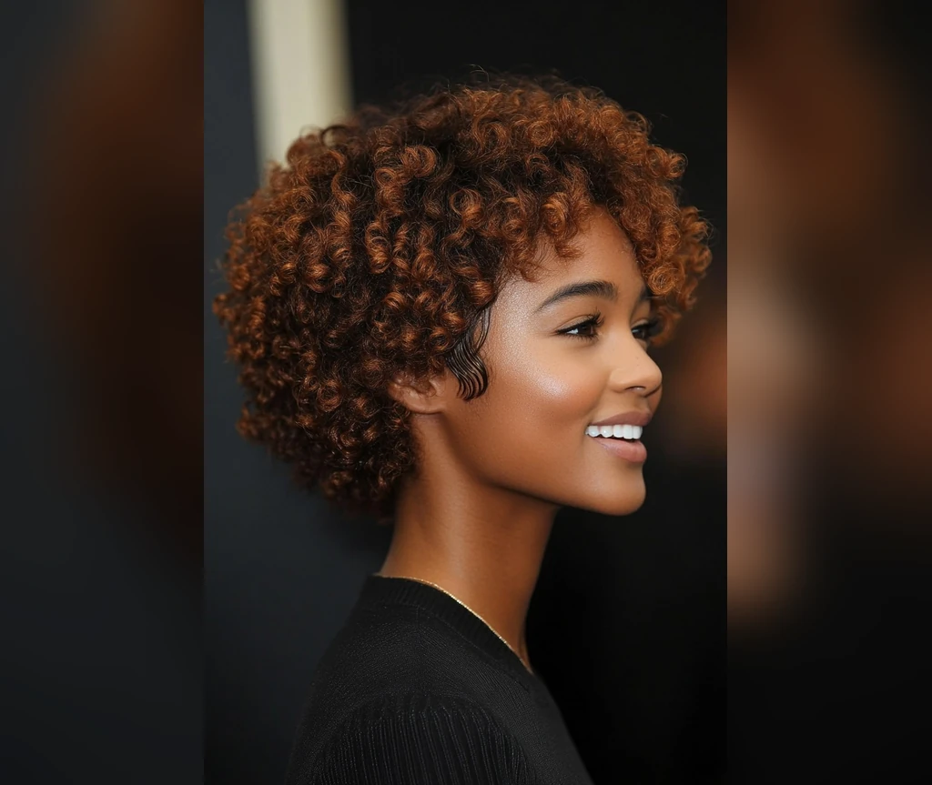 Short afro with copper curls on a smiling Black woman