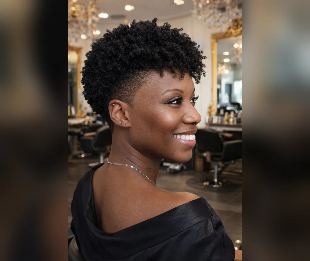 Curly tapered afro on a smiling Black woman in a salon