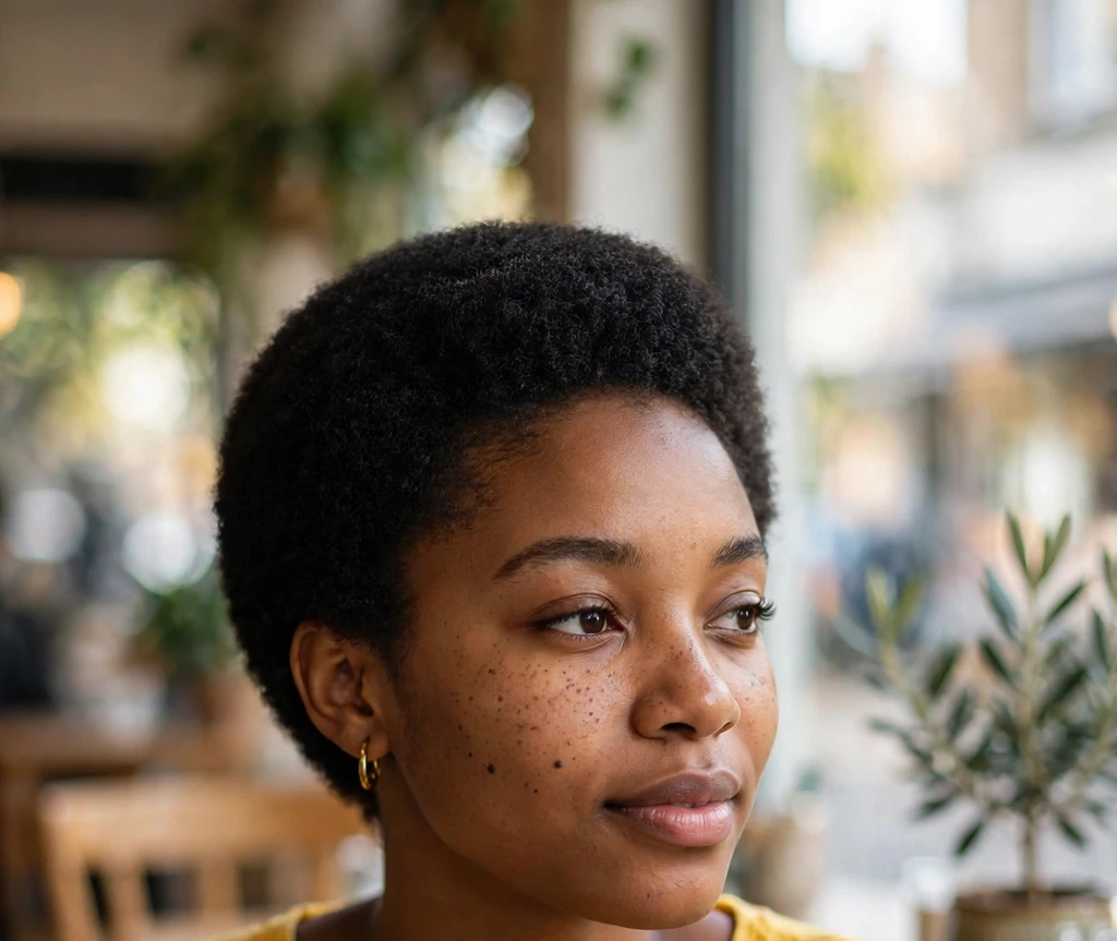 Young Black woman with a neat teeny weeny afro, wearing a yellow top at a cafe