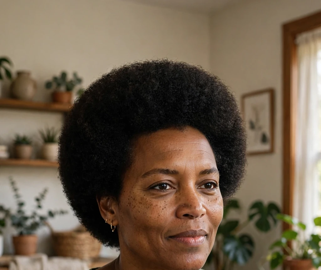 Black woman in her forties with a perfectly rounded short afro, green dress, at home