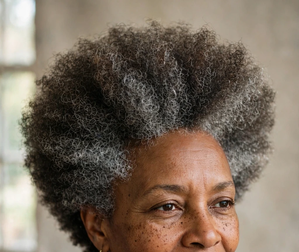 Mature Black woman with grey-streaked tapered afro, purple blouse, studio portrait