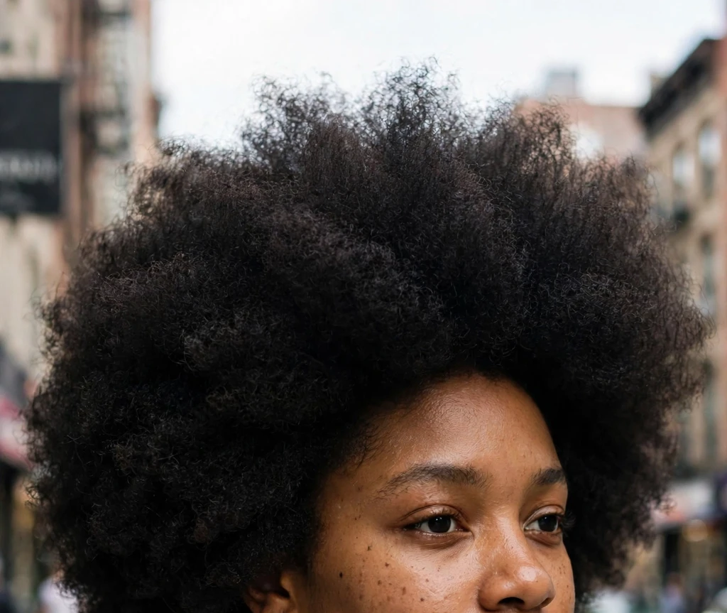 Young Black woman with a big picked-out short afro, white top, on a city street
