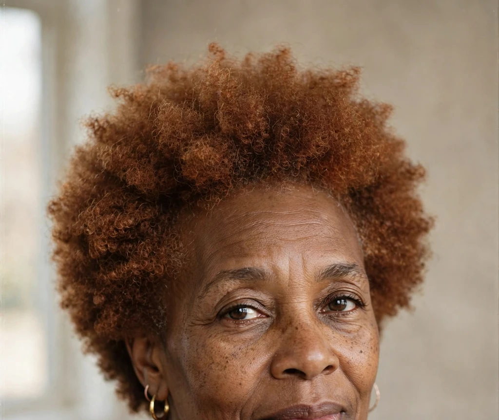 Black woman in her fifties with a copper-colored short afro, burgundy blazer, studio portrait