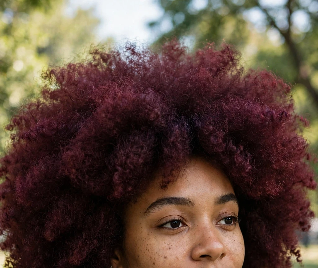 Young Black woman with a burgundy-colored afro, denim jacket, in a park