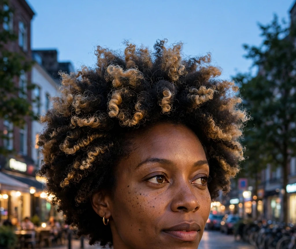 Black woman in her thirties with honey blonde highlights in her short afro, black dress, evening street