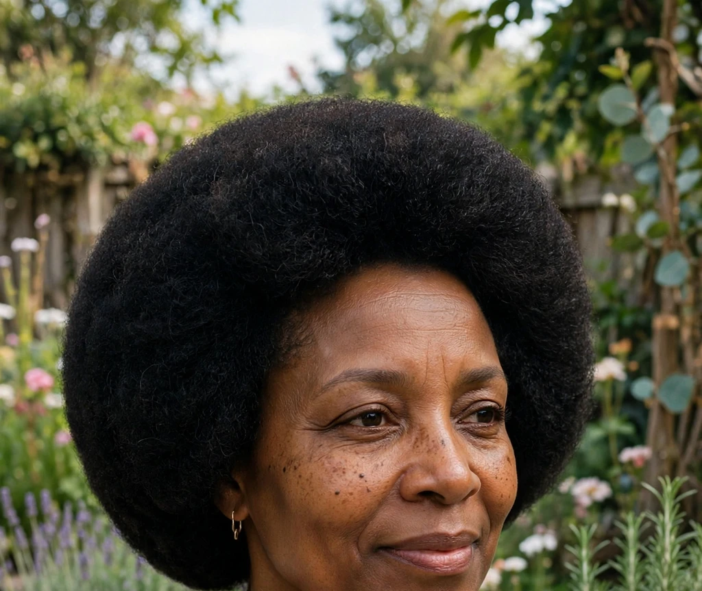 Black woman in her forties with a shaped afro bob, floral dress, in a garden