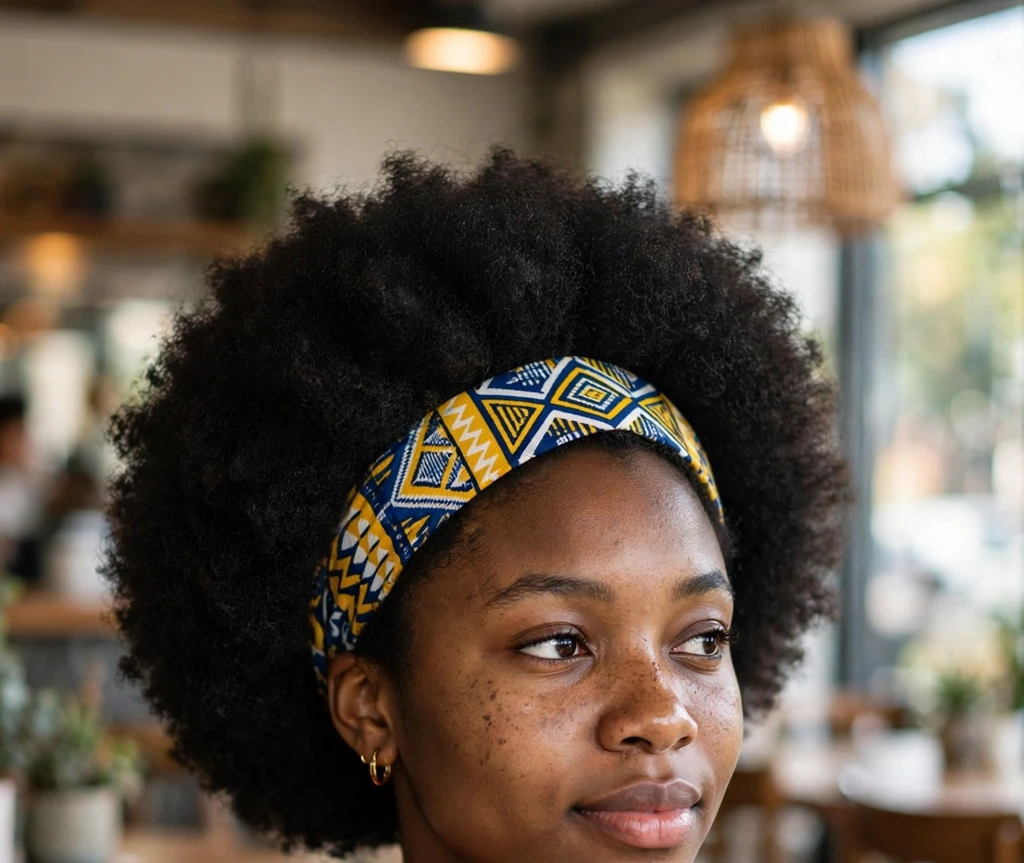 Young Black woman with a short afro and a bold patterned headband, red top, at a cafe