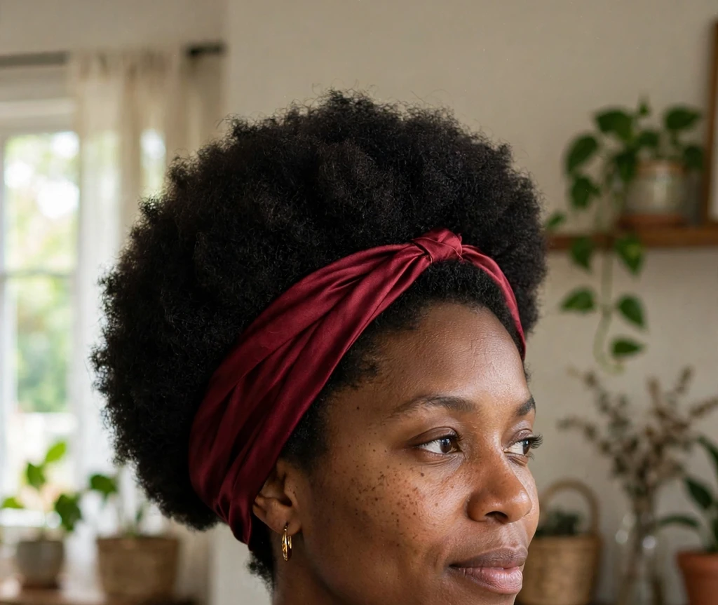 Black woman in her thirties with a satin scarf tied around her short afro, blue blouse, at home