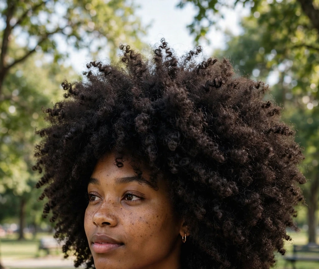 Young Black woman with finger-coiled defined afro, pink dress, in a park