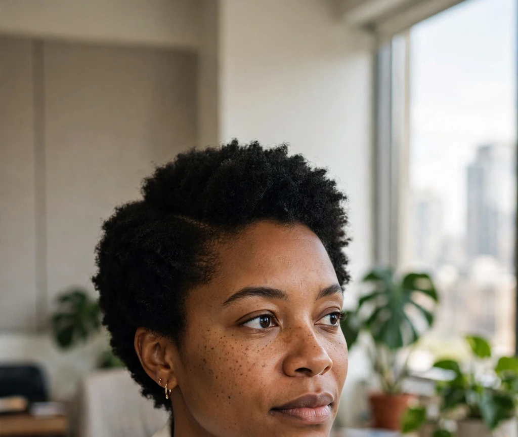 Black woman in her thirties with a side-parted short afro, white blazer, in an office