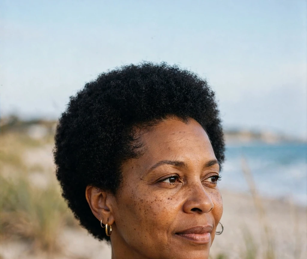 Black woman in her forties with a mini afro and sharp hairline lineup, teal dress, at the beach