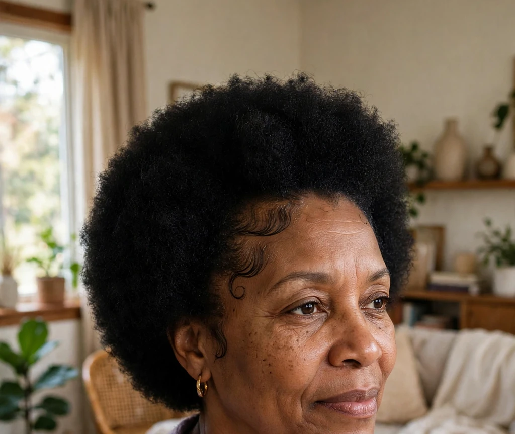 Mature Black woman with a short afro and beautifully laid edges, lavender cardigan, at home