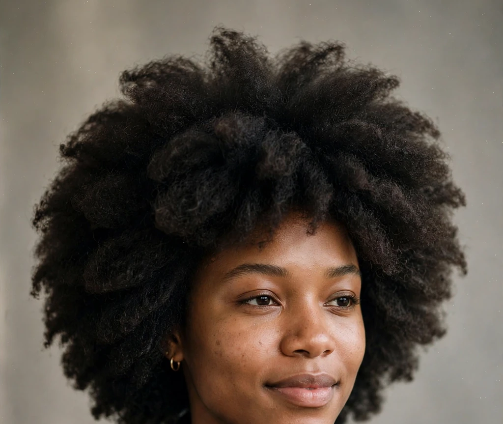 Young Black woman with a layered shaped afro, black turtleneck, studio portrait