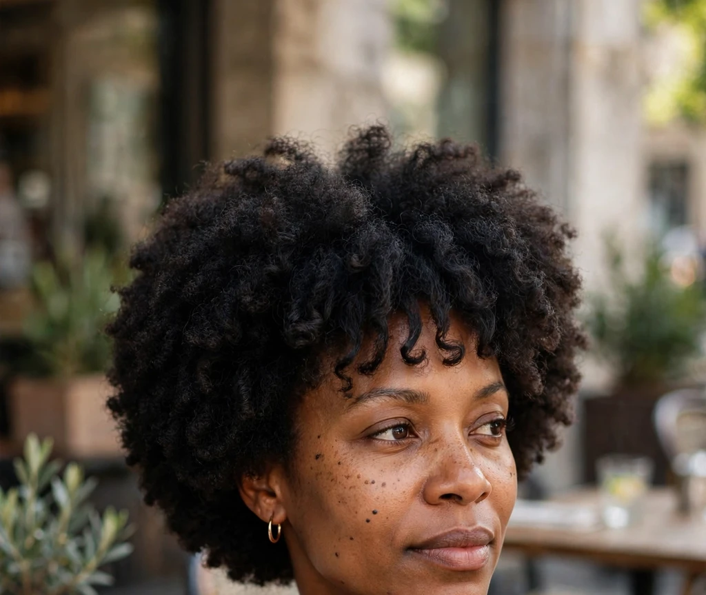 Black woman in her thirties with a short afro and curly fringe bangs, auburn dress, at a cafe