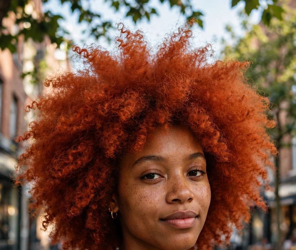 Young Black woman with a fiery auburn red afro, yellow sundress, on a street