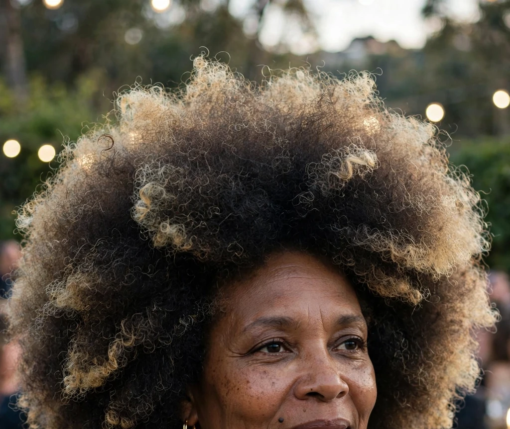 Black woman in her forties with an afro with blonde-dyed tips, emerald gown, at an event